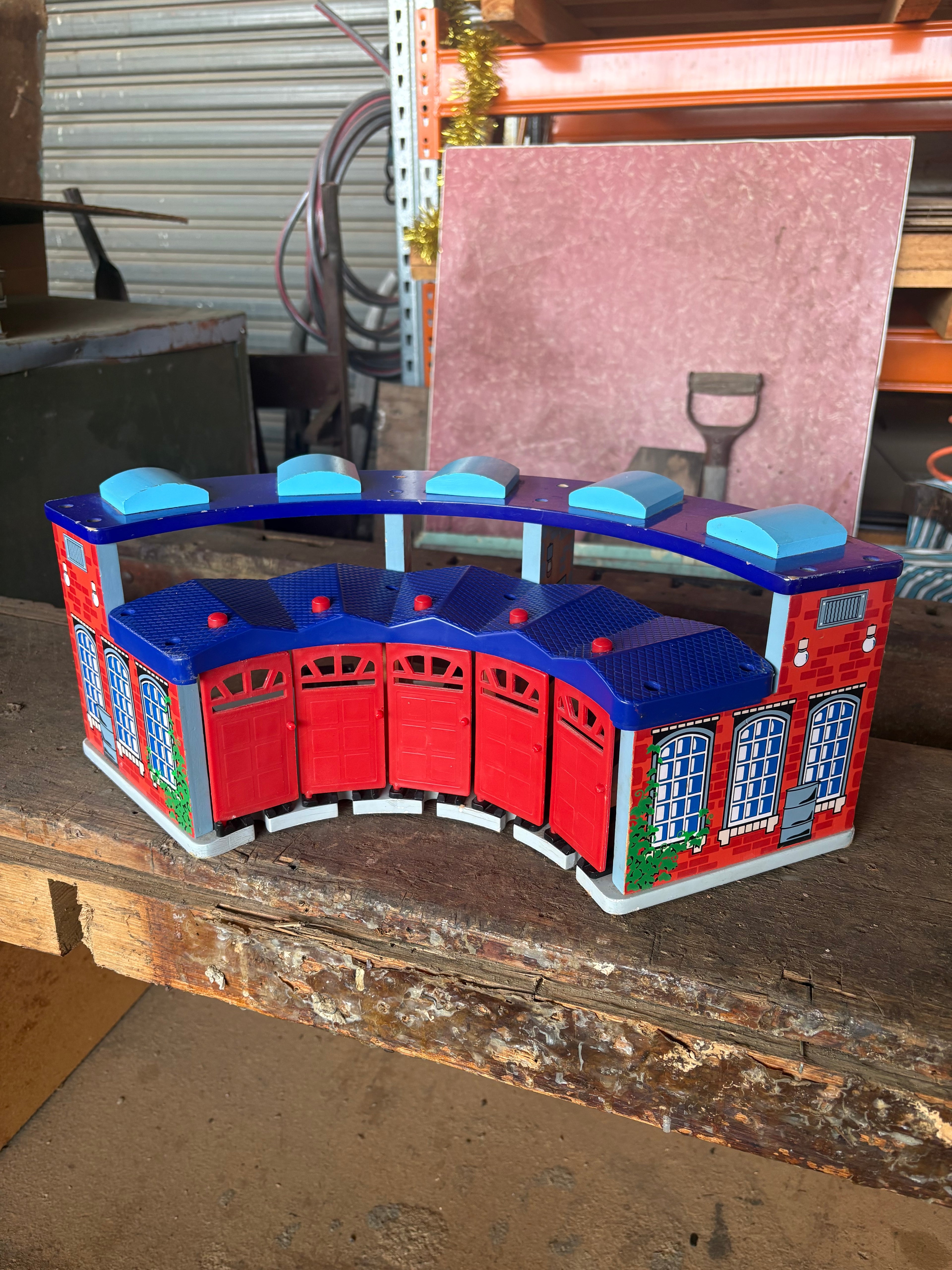 Toys train shed, barrow, blocks trolley, football
