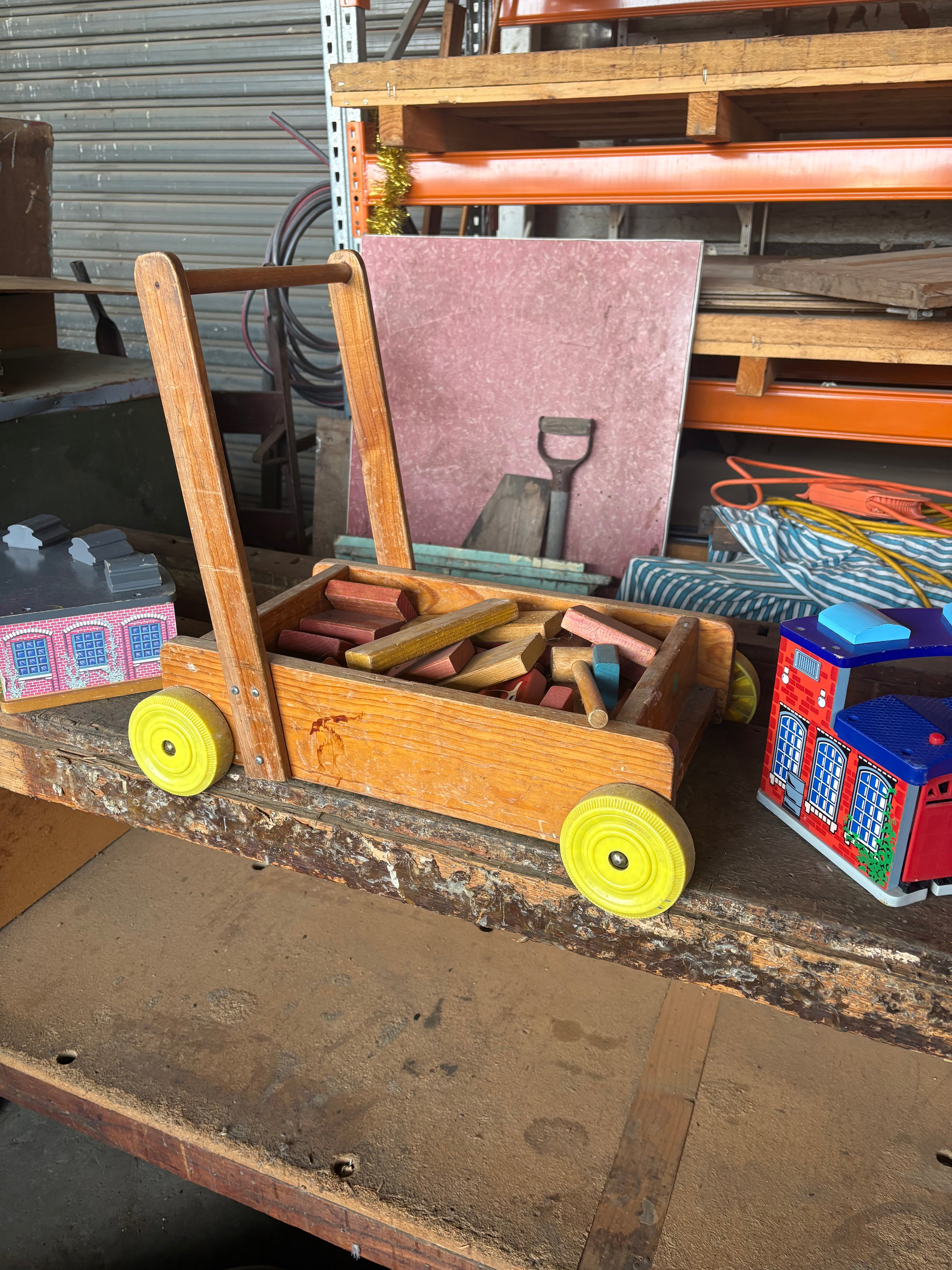 Toys train shed, barrow, blocks trolley, football