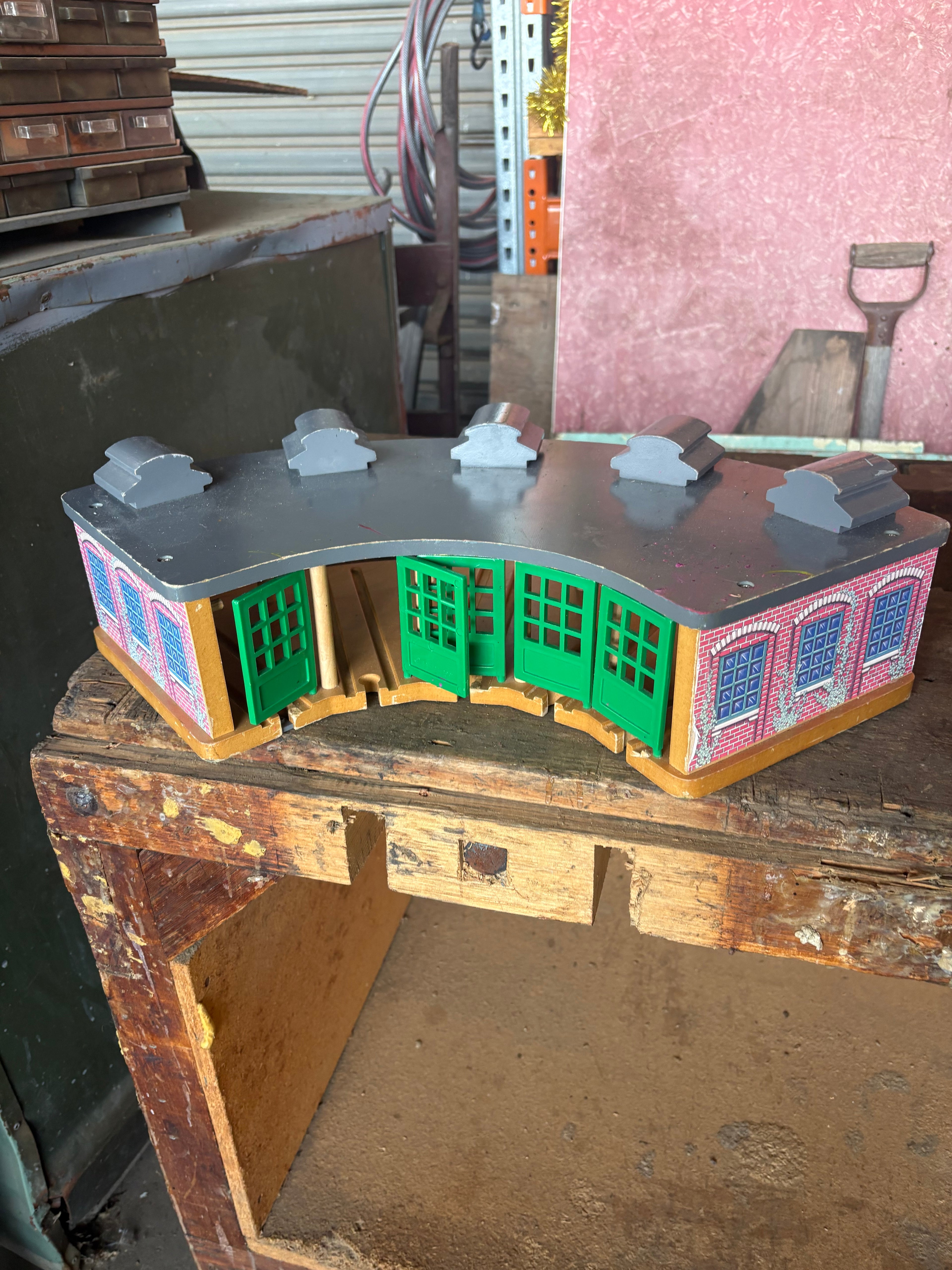 Toys train shed, barrow, blocks trolley, football